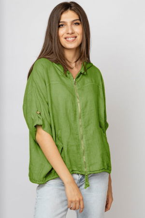 Cămăși din In - Hanorac verde oliv din in cu fermoar metalic si gluga