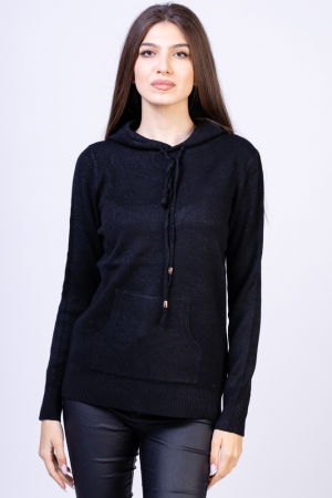 Pulovere - Hanorac-pulover cu gluga si buzunar marsupiu, negru