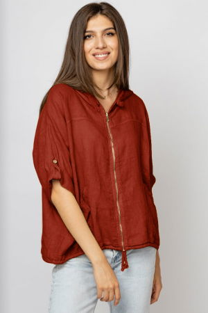 Hanorace - Hanorac caramiziu din in cu fermoar metalic si gluga