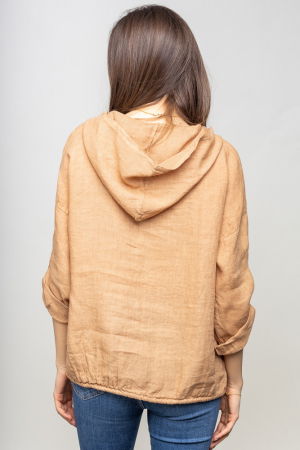 Hanorac camel din in cu buzunar marsupiu si gluga [2]