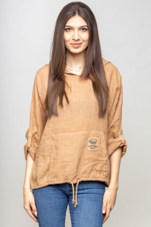 Cămăși din In - Hanorac camel din in cu buzunar marsupiu si gluga