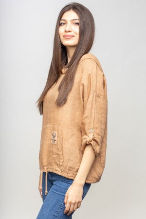 Hanorac camel din in cu buzunar marsupiu si gluga [1]