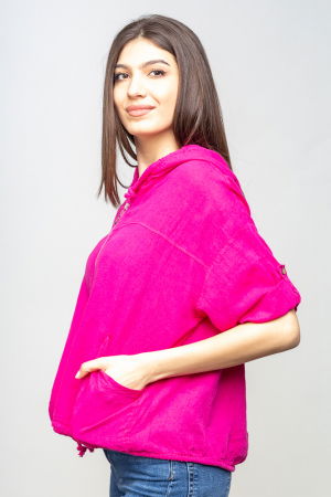 Hanorac fucsia din in cu fermoar metalic si gluga [1]