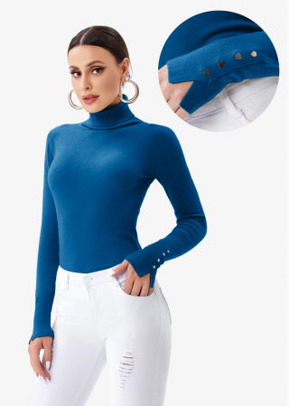 Pulovere - Helanca pulover cu guler inalt si nasturei pe maneca, albastra