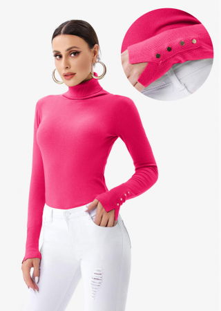 Pulovere - Helanca pulover cu guler inalt si nasturei pe maneca, fucsia