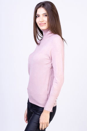 Helanca pulover cu guler inalt si nasturei pe maneca, cu cashmere, roz [2]