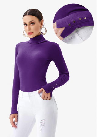 Pulovere - Helanca pulover cu guler inalt si nasturei pe maneca, mov