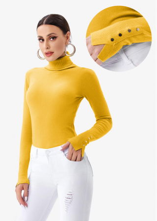 Pulovere - Helanca pulover cu guler inalt si nasturei pe maneca, galbena