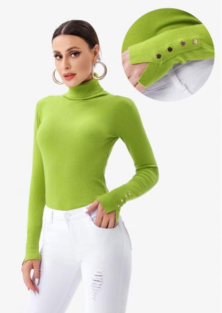 Pulovere - Helanca pulover cu guler inalt si nasturei pe maneca, verde oliv