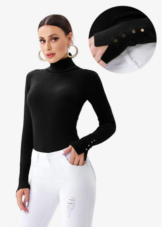 Pulovere - Helanca pulover cu guler inalt si nasturei pe maneca, neagra