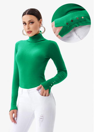 Pulovere - Helanca pulover cu guler inalt si nasturei pe maneca, verde smarald