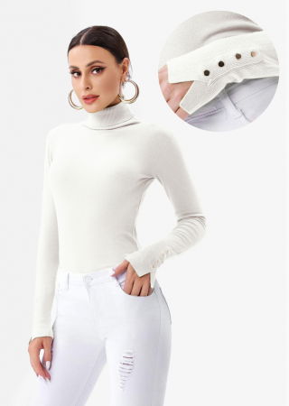 Pulovere - Helanca pulover cu guler inalt si nasturei pe maneca, alba