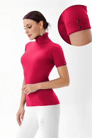 Pulovere - Helanca pulover cu maneca scurta, nasturei metalici si guler inalt, fucsia