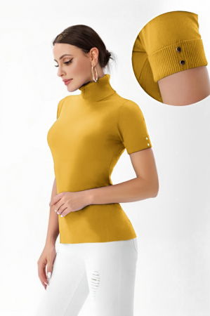 ÎMBRĂCĂMINTE - Helanca pulover cu maneca scurta, nasturei metalici si guler inalt, galbena