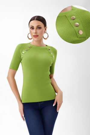 Pulovere - Pulover cu maneca scurta si nasturi metalici decorativi, verde olive