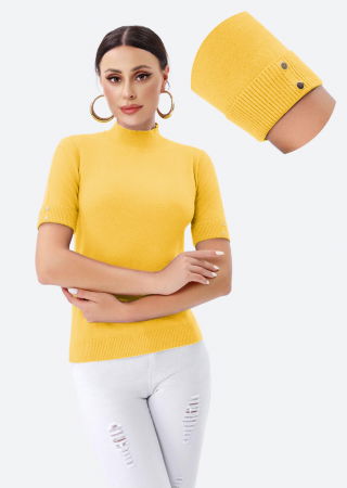 Pulovere - Helanca pulover cu maneca scurta, nasturei metalici si guler scurt, galbena