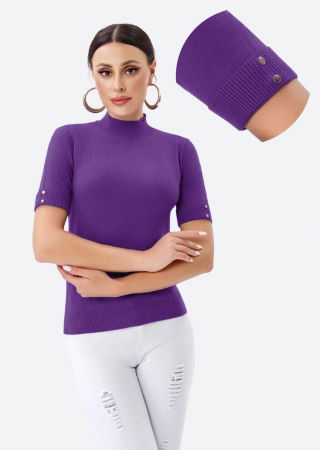 Pulovere - Helanca pulover cu maneca scurta, nasturei metalici si guler scurt, mov