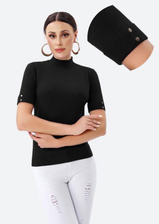 Pulovere - Helanca pulover cu maneca scurta, nasturei metalici si guler scurt,