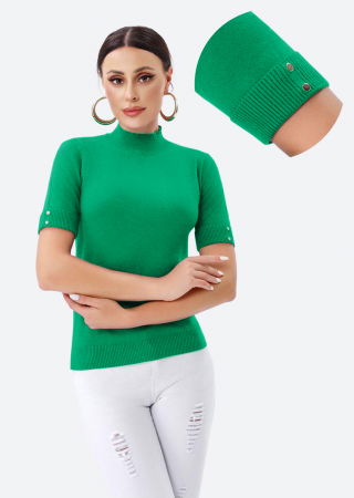 Pulovere - Helanca pulover cu maneca scurta, nasturei metalici si guler scurt, verde