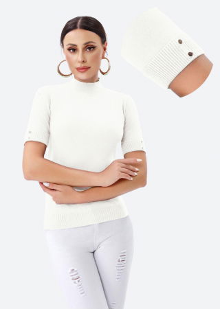 Pulovere - Helanca pulover cu maneca scurta, nasturei metalici si guler scurt, alba