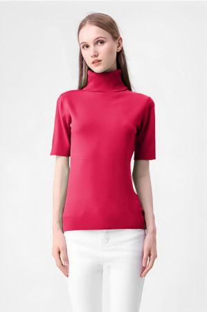 Pulovere - Helanca pulover cu maneca scurta si guler inalt, fucsia