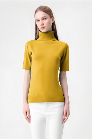 Pulovere - Helanca pulover cu maneca scurta si guler inalt, galben