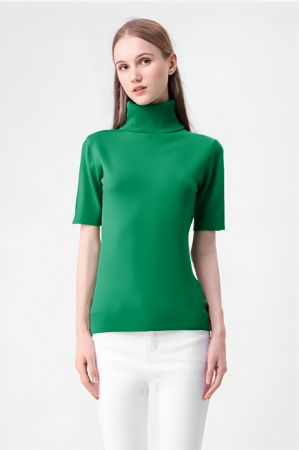 Pulovere - Helanca pulover cu maneca scurta si guler inalt, verde