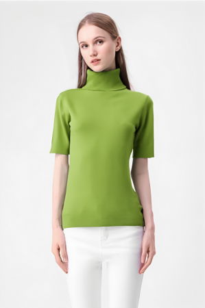 Pulovere - Helanca pulover cu maneca scurta si guler inalt, verde olive