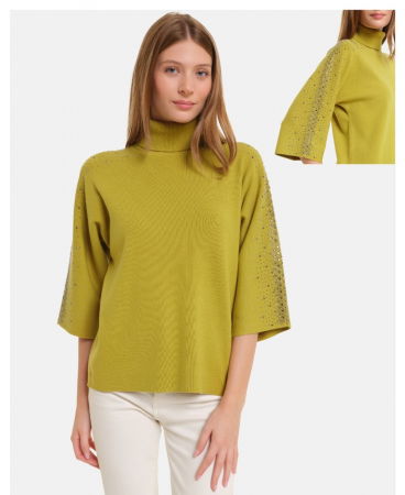 Pulovere - Pulover cu pietricele argintii, cu guler inalt si maneca 3/4, din tricotaj fin, verde olive