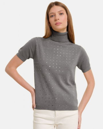 ÎMBRĂCĂMINTE - Helanca, pulover cu strasuri cu guler inalt si maneca scurta, din tricotaj fin, gri