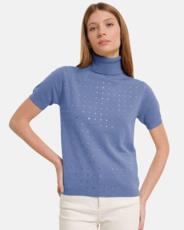 Pulovere - Helanca, pulover cu strasuri cu guler inalt si maneca scurta, din tricotaj fin, bleu