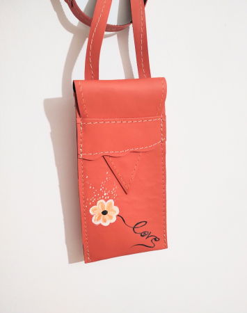 Genți si Plicuri Handmade - Husa handmade corai cu crizantema, din piele naturala,pictata