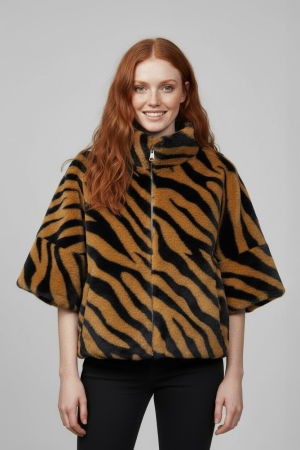 ÎMBRĂCĂMINTE - Jachetă din blana scurtă animal print tigru maro negru, cu maneca 3/4, căptușeală și fermoar