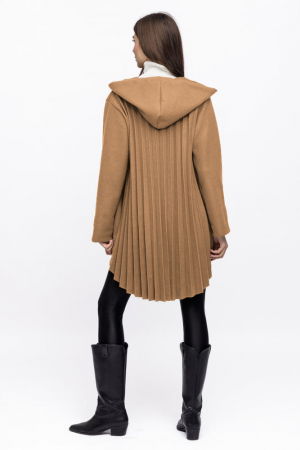 Jacheta midi cu gluga si pliseu pe spate, din stofa camel [2]