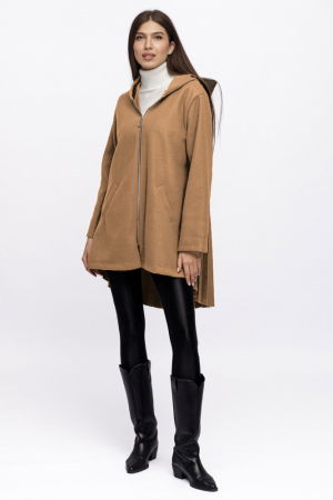 Geci & Jachete & Blazere - Jacheta midi cu gluga si pliseu pe spate, din stofa camel