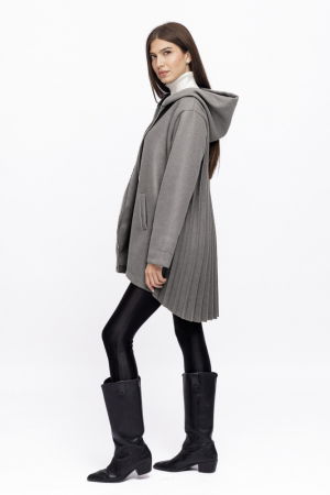 Jacheta midi cu gluga si pliseu pe spate, din stofa gri [1]