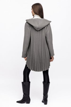 Jacheta midi cu gluga si pliseu pe spate, din stofa gri [2]