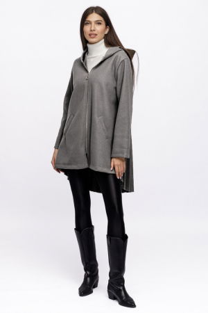 Geci & Jachete & Blazere - Jacheta midi cu gluga si pliseu pe spate, din stofa gri