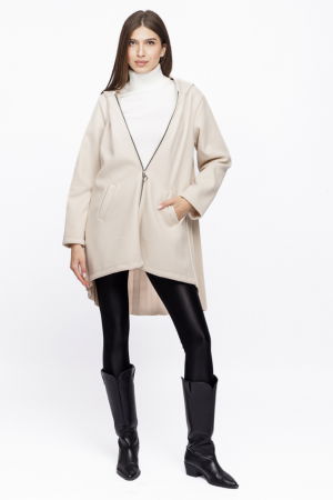 Geci & Jachete & Blazere - Jacheta midi cu gluga si pliseu pe spate, din stofa ivoire