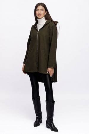 Geci & Jachete & Blazere - Jacheta midi cu gluga si pliseu pe spate, din stofa kaki