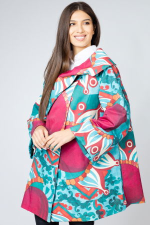 Jacheta midi, cu guler petrecut si imprimeu abstract turcoaz-bordo [2]