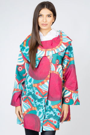 ÎMBRĂCĂMINTE - Jacheta midi, cu guler petrecut si imprimeu abstract turcoaz-bordo