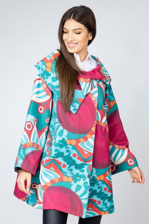 Jacheta midi, cu guler petrecut si imprimeu abstract turcoaz-bordo [1]