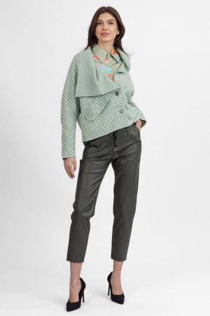 Pantaloni casual - Jacheta scurta, din stofa verde cu imprimeu picior de cocos