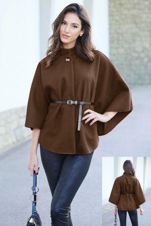 Geci & Jachete & Blazere - Jacheta trendy stil poncho cu curea, din stofa maro ciocolata