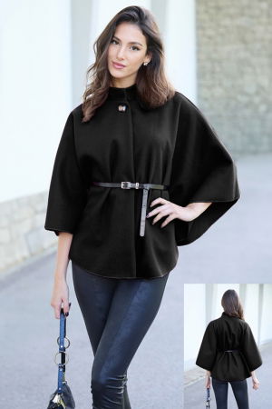 Geci & Jachete & Blazere - Jacheta trendy stil poncho cu curea, din stofa neagra