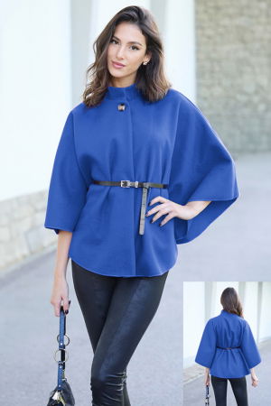 Geci & Jachete & Blazere - Jacheta trendy stil poncho cu curea, din stofa albastra