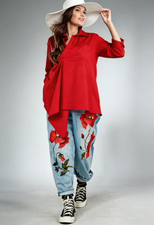 Jeans Denim Brodati cu Maci Rosii 3D – Piesa Statement [1]