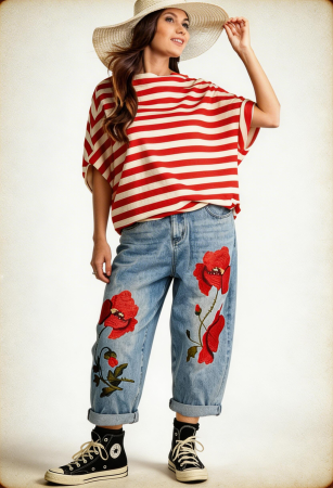 Jeans Denim Brodati cu Maci Rosii 3D – Piesa Statement [2]