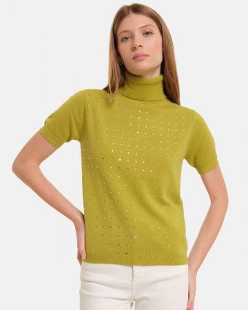 ÎMBRĂCĂMINTE - Helanca, pulover cu strasuri cu guler inalt si maneca scurta, din tricotaj fin, verde oliv